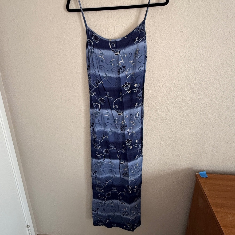 VTG Y2K Small Fairy Boho Blue Ombre Floral Maxi Dress Tie Back Country Indie 90s